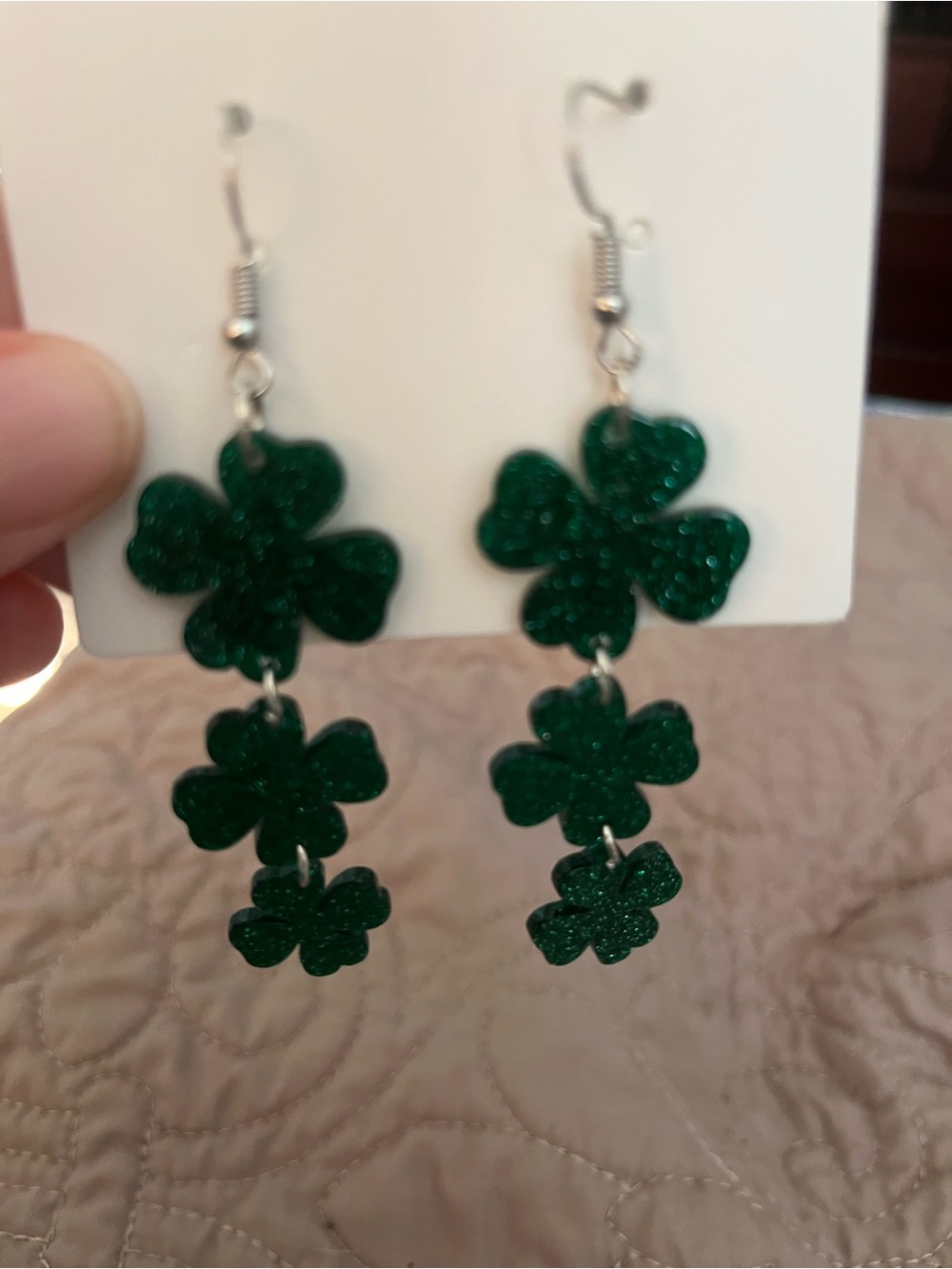 Green Glitter Clover Dangle Earrings - Women Jewelry